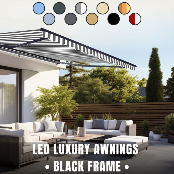 Half Cassette Motorized Retractable LED Luxury Patio Awning • Black Frame