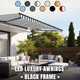 Half Cassette Motorized Retractable LED Luxury Patio Awning • Black Frame