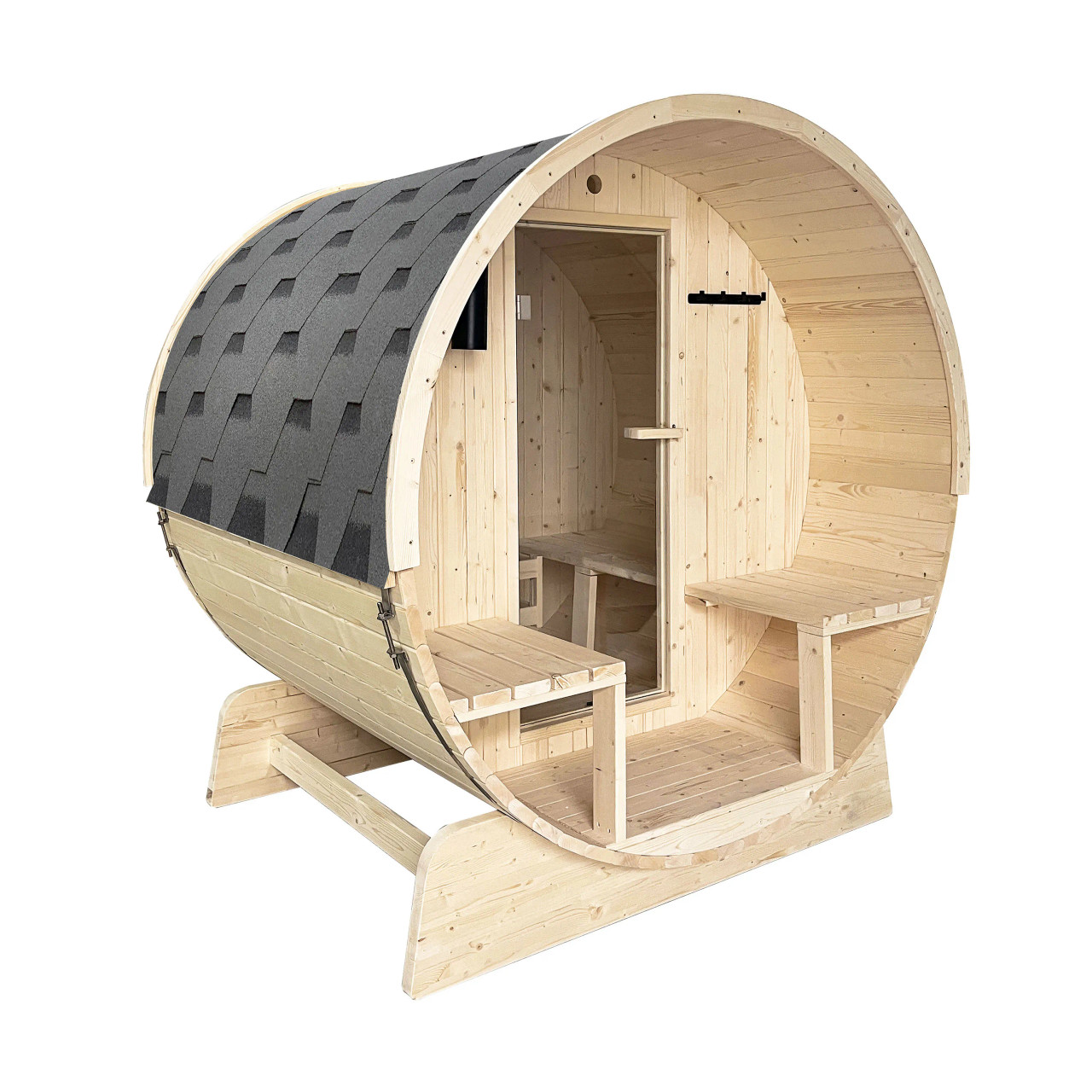 Outdoor or Indoor White Finland Pine Wet Dry Barrel Sauna - 2-4 Person - Front Porch Canopy - 4.5 kW UL Certified - Bitumen Shingle Roofing | SB5PINECP-AP
